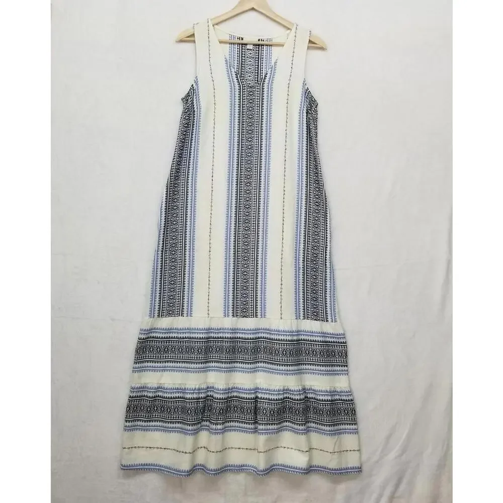J. Jill V-neck Sleeveless Tiered Midi Dress Womens XS‎ White Blue Striped Cotton
